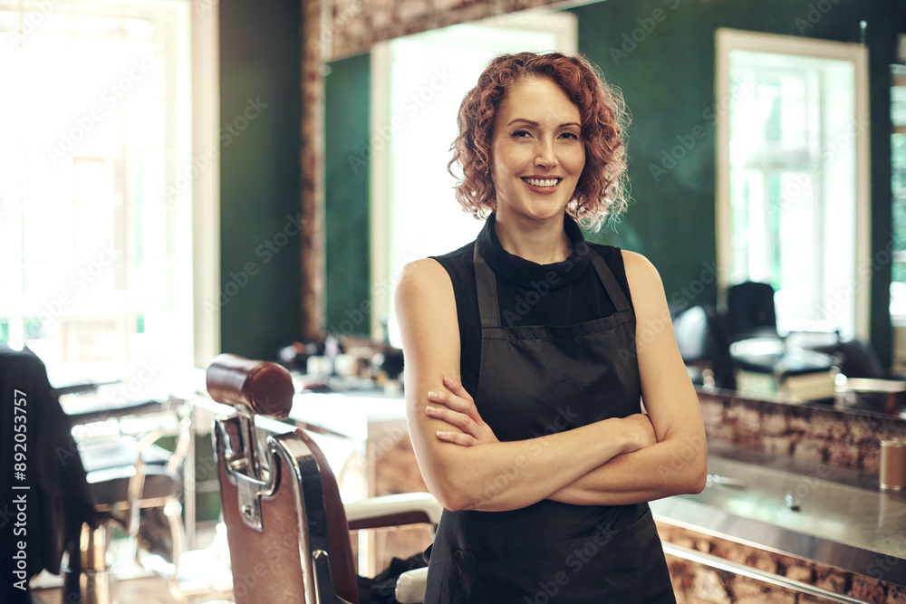 Hair care, confidence and portrait of woman in barbershop with stylist, hairdresser or small business owner. Smile, about us and girl barber in salon with arms crossed, pride and professional service Hair care, confidence and portrait of woman in barbershop with stylist, hairdresser or small business owner. Smile, about us and girl barber in salon with arms crossed, pride and professional service