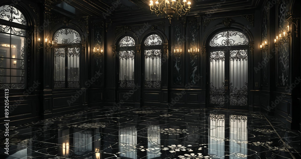 dark black door doorway entrance lobby of industrial gothic castle palace mansion. art deco art nuevo goth style with filigree ornamentals and patterns. dark black door doorway entrance lobby of industrial gothic castle palace mansion. art deco art nuevo goth style with filigree ornamentals and patterns.