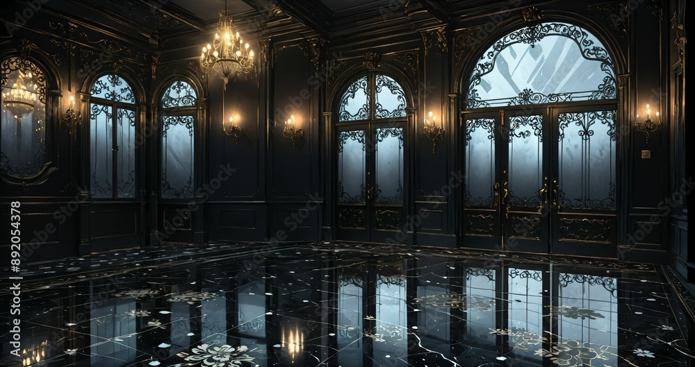 dark black door doorway entrance lobby of industrial gothic castle palace mansion. art deco art nuevo goth style with filigree ornamentals and patterns. dark black door doorway entrance lobby of industrial gothic castle palace mansion. art deco art nuevo goth style with filigree ornamentals and patterns.