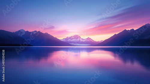 A calm lake reflecting snowcapped mountains during sunset