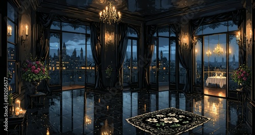 dark porch patio of mansion palace house interior with stone marble floor and city view on terrace through sliding glass doors. gothic design with gold ornamentals and patterns. photo