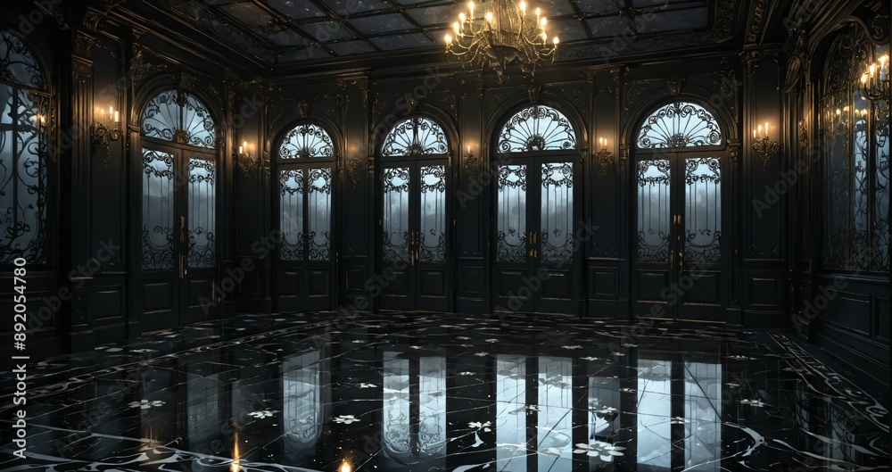 dark black door doorway entrance lobby of industrial gothic castle palace mansion. art deco art nuevo goth style with filigree ornamentals and patterns. dark black door doorway entrance lobby of industrial gothic castle palace mansion. art deco art nuevo goth style with filigree ornamentals and patterns.