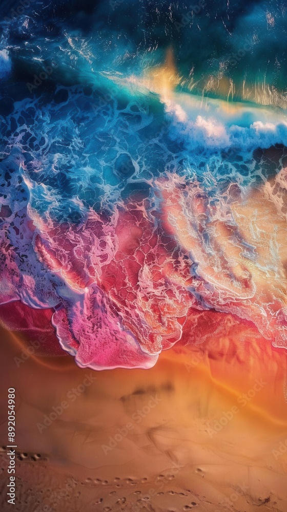 Psychedelic beach scene bird's-eye view glowing sand vibrant waves multicolored patterns surreal atmosphere, Psychedelic beach scene bird's-eye view glowing sand vibrant waves multicolored patterns surreal atmosphere,