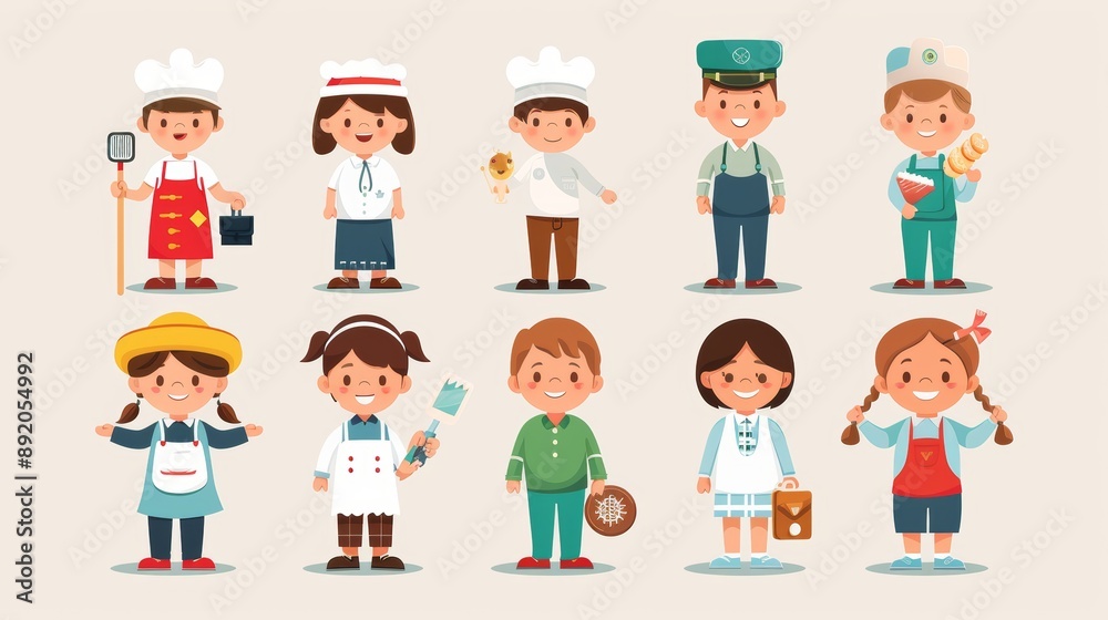 Diverse Children in Cartoon Professions for Career Day Promotion Diverse Children in Cartoon Professions for Career Day Promotion