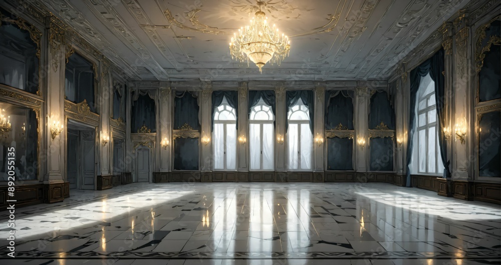 Obraz premium white ballroom mansion palace interior of building. marble flooring stone floors. baroque gothic art deco design with windows, curtains, and chandelier.