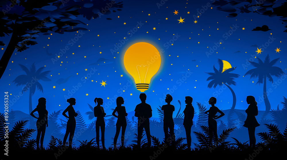 Team Brainstorming Under Starry Night with Glowing Idea Bulb.. Team Brainstorming Under Starry Night with Glowing Idea Bulb..