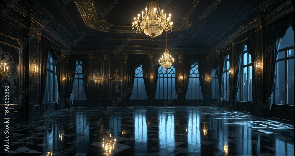 Obraz premium dark ballroom room interior of palace mansion gothic castle at night. elegant formal art deco decor and floral embellishments.