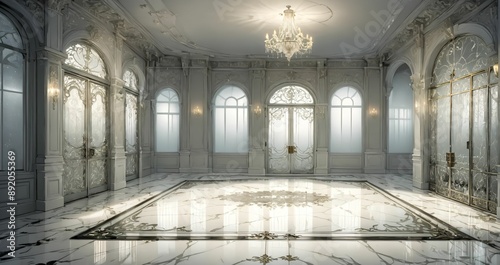 interior of palace entrance lobby doorway door in white mansion elegant art deco design. floral flower embellishments patterns with a chandelier.