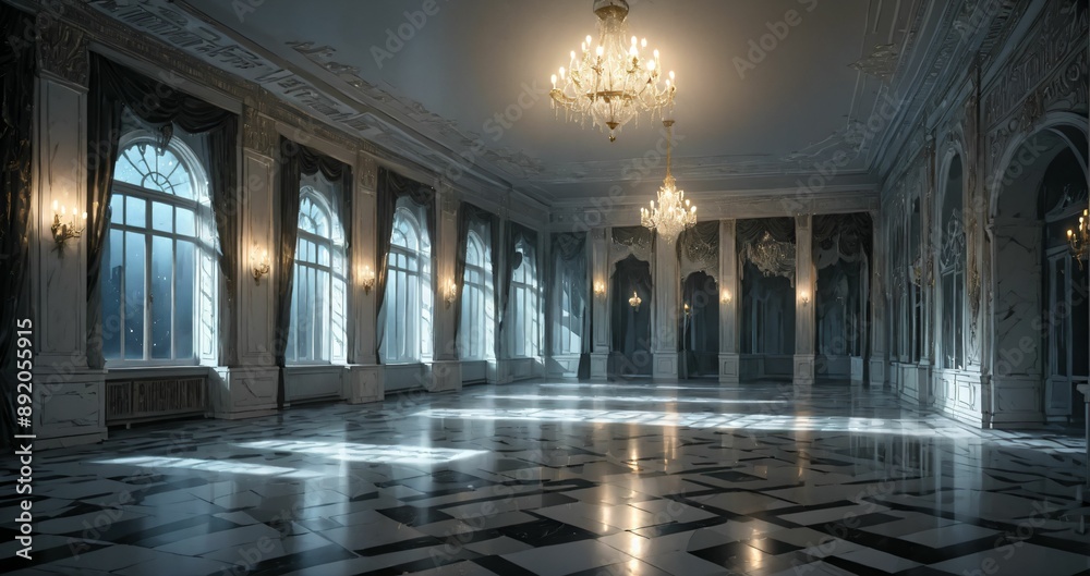 Obraz premium white ballroom mansion palace interior of building. marble flooring stone floors. baroque gothic art deco design with windows, curtains, and chandelier.
