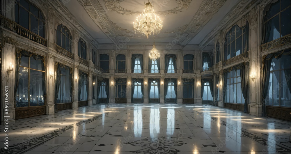 Obraz premium white ballroom mansion palace interior of building. marble flooring stone floors. baroque gothic art deco design with windows, curtains, and chandelier.
