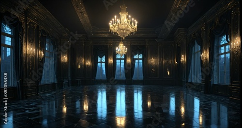 dark ballroom room interior of palace mansion gothic castle at night. elegant formal art deco decor and floral embellishments.