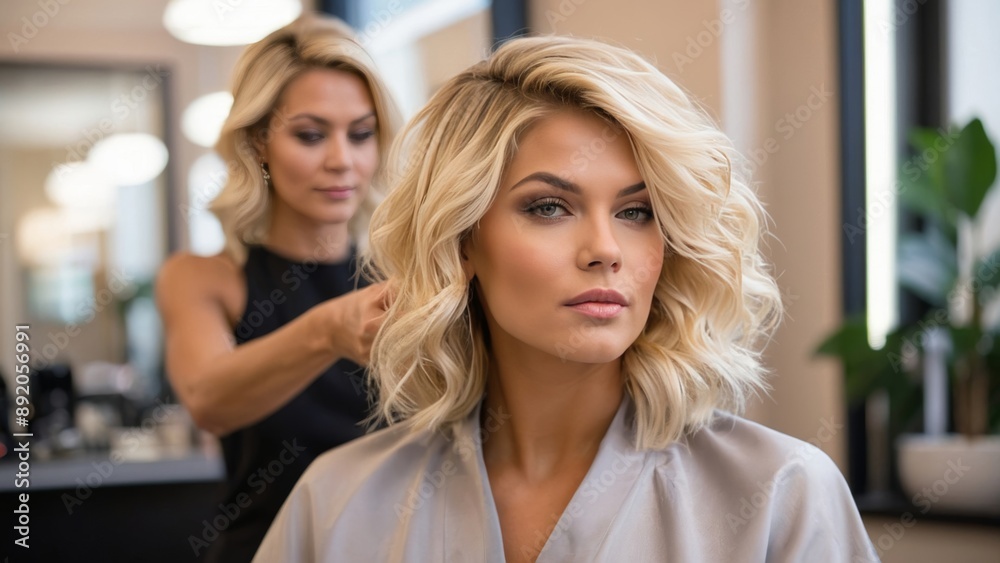 Blonde woman getting hair styled at salon Blonde woman getting hair styled at salon