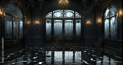 dark black door doorway entrance lobby of industrial gothic castle palace mansion. art deco art nuevo goth style with filigree ornamentals and patterns.
