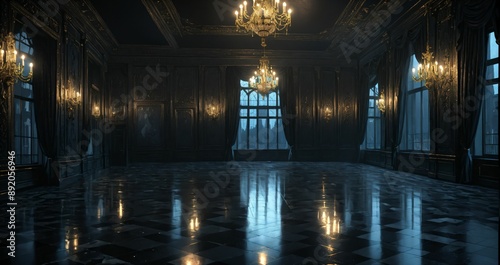dark ballroom room interior of palace mansion gothic castle at night. elegant formal art deco decor and floral embellishments.
