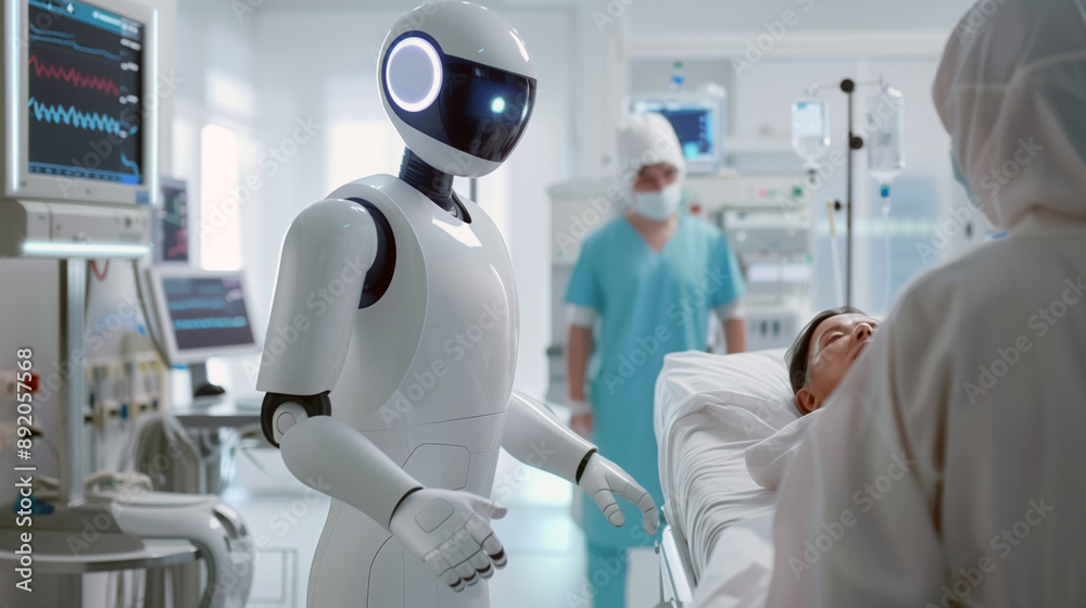 Humanoid assisting doctor in examining patient in modern hospital room with medical equipment. Sense of innovation, efficiency, and compassionate care provided by robot in collaboration with human. Humanoid assisting doctor in examining patient in modern hospital room with medical equipment. Sense of innovation, efficiency, and compassionate care provided by robot in collaboration with human.