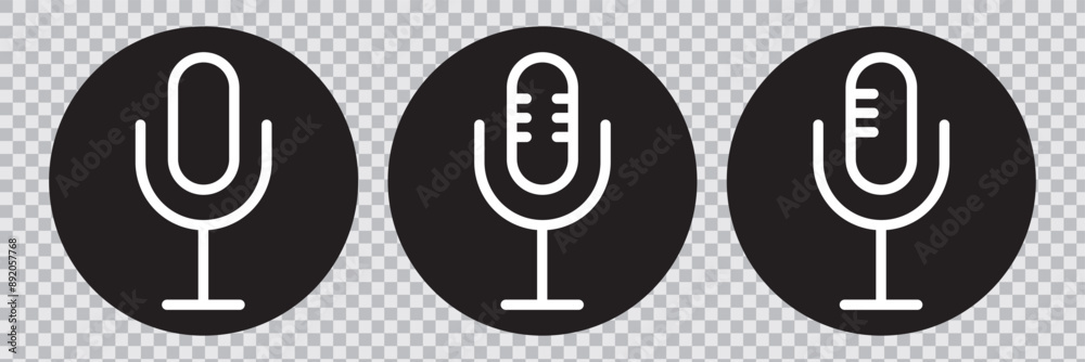 Mic icon set. Microphone icon shape. Podcast microphone web icon ; record, audio, sound, voice icons. 