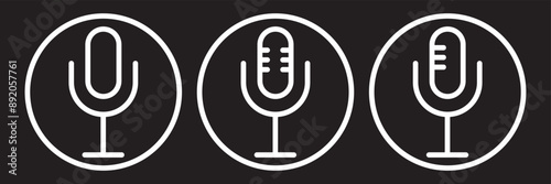 Mic icon set. Microphone icon shape. Podcast microphone web icon ; record, audio, sound, voice icons. 