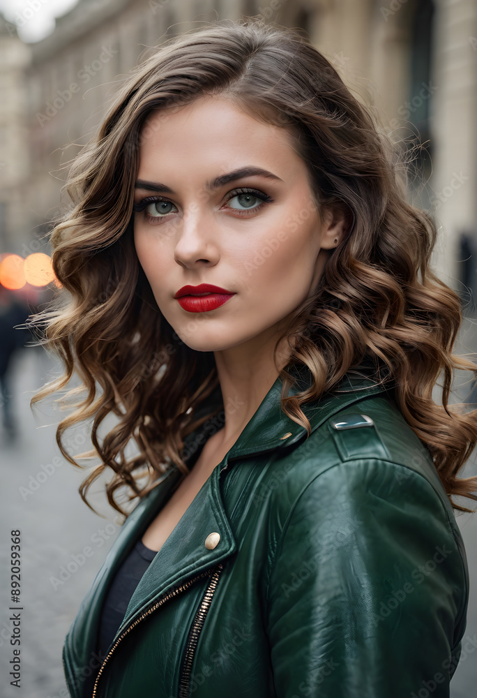 Urban Elegance: Woman in Green Leather Jacket on City Street Urban Elegance: Woman in Green Leather Jacket on City Street