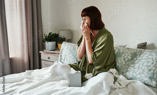 Bild auf Leinwand Woman, blowing nose and sick in home, allergies and tissue for illness or cold influenza in bedroom