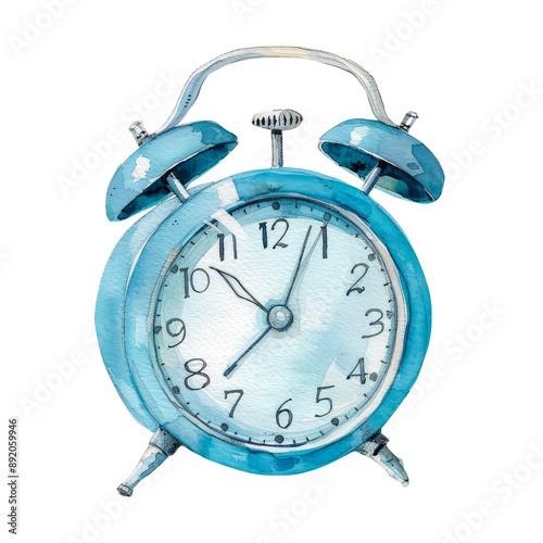 A cute simple blue clock watercolor style on transparent background.