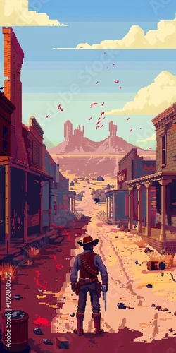 8bit cowboy, desert showdown, pixel art style, vibrant colors, topdown game perspective, detailed pixels, action pose, nostalgic Western feel photo