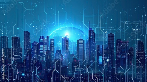 Future technology city architectural scene illustration, blue city skyline concept 