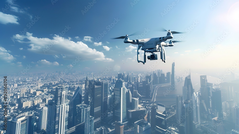 Drone flying over a modern city with skyscrapers Drone flying over a modern city with skyscrapers
