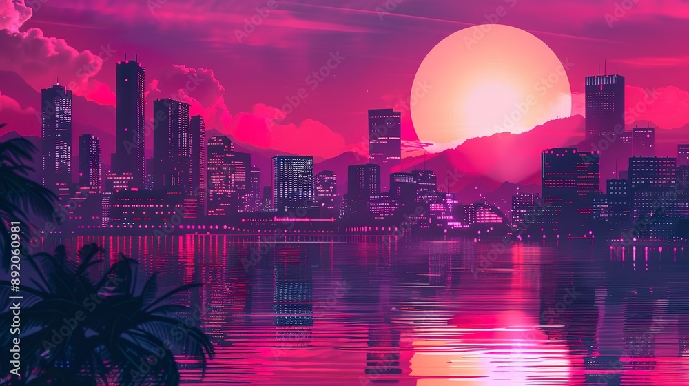 Obraz premium Purple retrowave city synthwave cityscape.