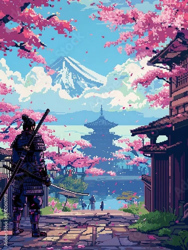 Pixel samurai, cherry blossoms, 8bit art style, vibrant colors, sidescrolling game perspective, detailed pixels, action stance, retro Japanese ambiance photo