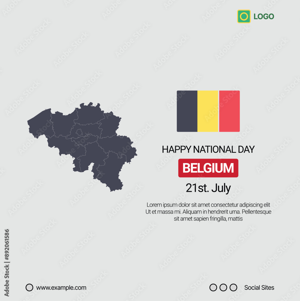 Obraz premium Belgium National Day Social Media Banner, Editable Vector Design with Map and Flag