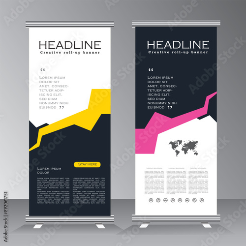 Roll up banner vertical template design, vertical banner tempalte for brochure, business, flyer, infographics. modern x-banner standee with yellow and pink color
