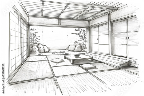 A drawing sketch of Japanese house interior, black and white pencil sketch, isolated on white background.