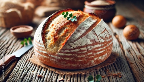 A close-up of a freshly baked loaf of South African potbrood, with a thick, crusty exterior. photo