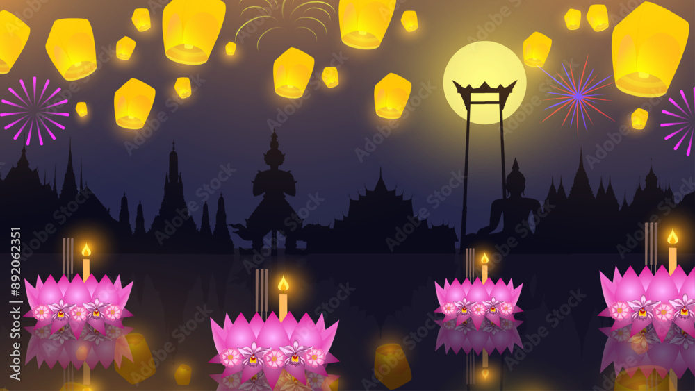 Fototapeta premium Loy krathong festival in Thailand decorated with flowers, candle, lanna lanterns and fireworks at moonnight banner design blue background, eps 01 vector illustration.
