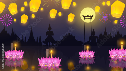 Loy krathong festival in Thailand decorated with flowers, candle, lanna lanterns and fireworks at moonnight banner design blue background, eps 01 vector illustration.