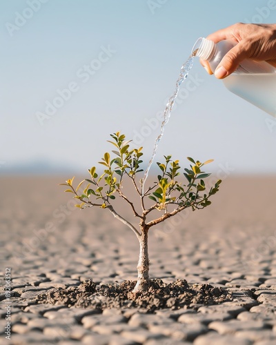 Dehydrated tree in a desert being watered by a hand holding a bottle, revival, tree, rescue, focus cover all  object, deep depth of field, no blur,