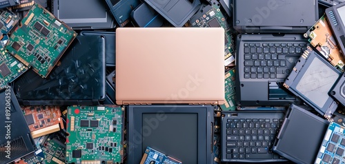 Disassembled laptops and hard drives in a recycling pile, deconstruction, electronics, ewaste, focus cover all  object, deep depth of field, no blur,