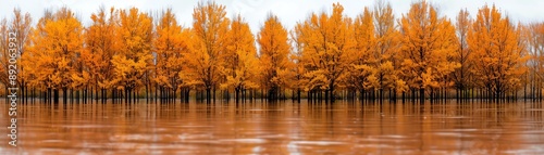 Reflections of autumncolored trees in floodwaters, seasonal beauty, flood, nature, focus cover all  object, deep depth of field, no blur, photo