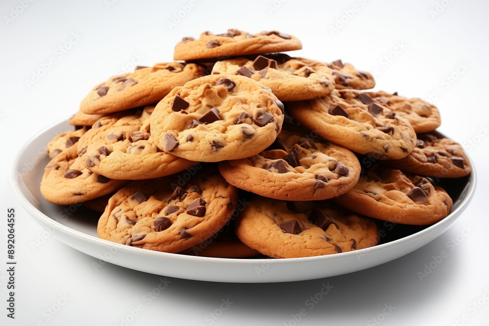 Plate of chocolate chip cookies in a close-up shot, showcasing the delicious, gooey texture and enticing appearance of these classic homemade treats. Plate of chocolate chip cookies in a close-up shot, showcasing the delicious, gooey texture and enticing appearance of these classic homemade treats.
