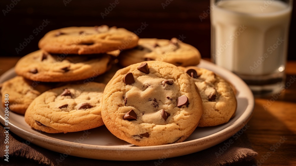 Chocolate chip cookies accompanied by a glass of milk, artfully arranged on a plate, showcasing a classic and comforting treat perfect for any occasion. Chocolate chip cookies accompanied by a glass of milk, artfully arranged on a plate, showcasing a classic and comforting treat perfect for any occasion.