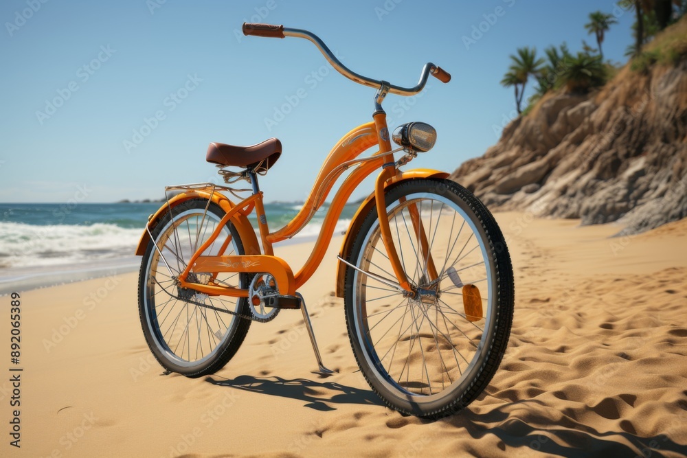 Fototapeta premium Orange Beach Cruiser Bicycle on a Sandy Shore