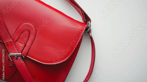 Red leather bag on a white background. Fashionable women's accessories. Top view 