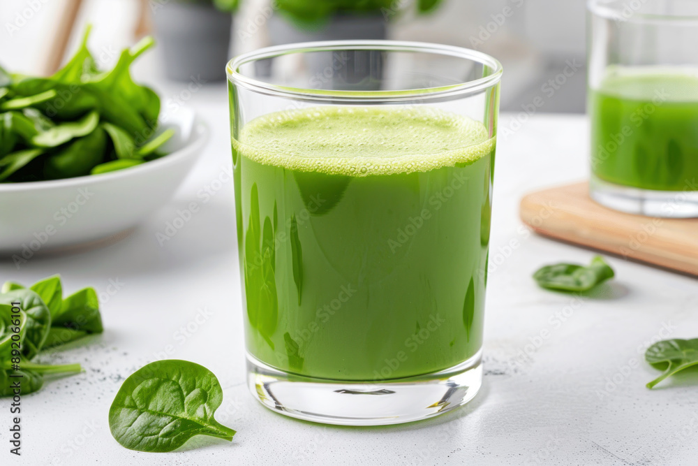 A glass of spinach vegetable juice, healthy drink vegan food A glass of spinach vegetable juice, healthy drink vegan food