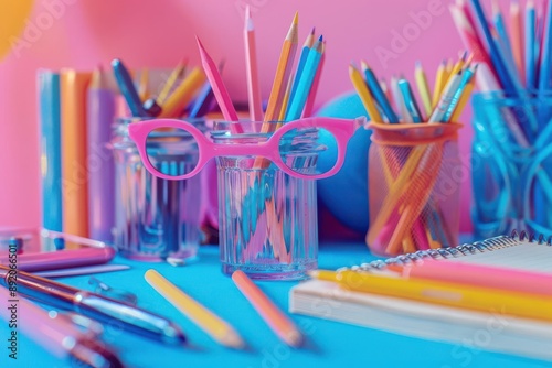 A colorful array of pencils, pens, and glasses sit on a blue desk with a pink and blue background. photo