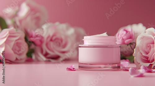 Jars of cosmetic cream with flowers on rose background