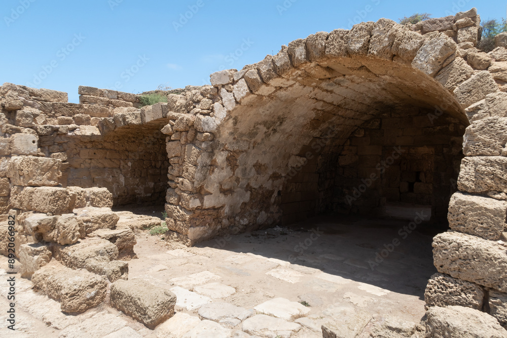Partially  preserved remains of the utility rooms at hippodrome in the ancient part of the Caesarea fortress in north of Israel
