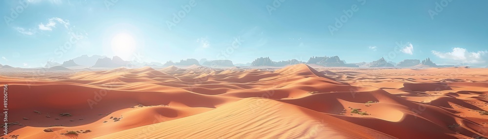 Fototapeta premium Expansive Desert Landscape with Rolling Sand Dunes and Distant Mountains