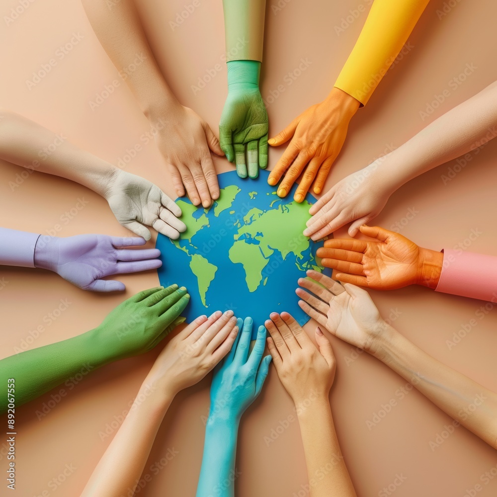 Fototapeta premium Colorful hand in origamic as unity, humanity in differs difference, concept of heal the world, banner for nature world, diversity of the world
