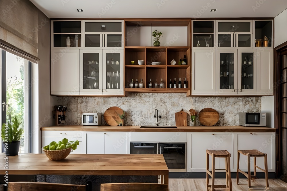 Home kitchen interior with bar counter, cabinet and window. Mock up wal. Home kitchen interior with bar counter, cabinet and window. Mock up wal.