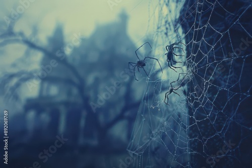 A spider sits in a web, a spooky house in the background.